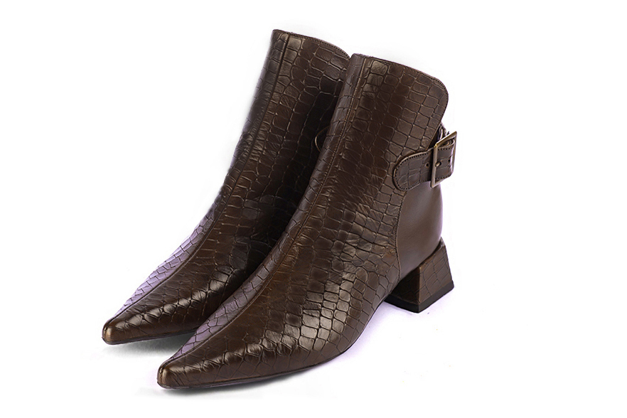 Dark brown women's ankle boots with buckles at the back. Pointed toe. Low flare heels. Front view - Florence KOOIJMAN